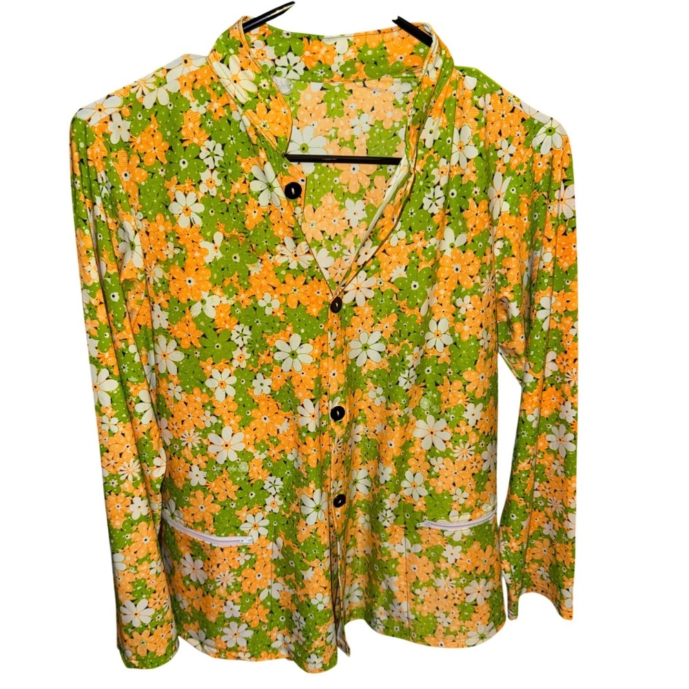 Vintage‎ 70s Floral Button Up Shirt Green Orange Daisy Print Zipper Pockets L